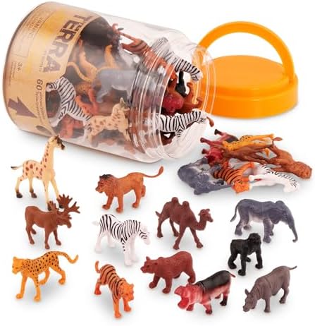 VenovaLabs Wild Animal Figurines Tube, 60 Mini Safari Figures, Animals | 60 realistic mini wild animal figures in a portable tube for pretend play, crafts, dioramas, sensory bins, Animals, 3+ Years