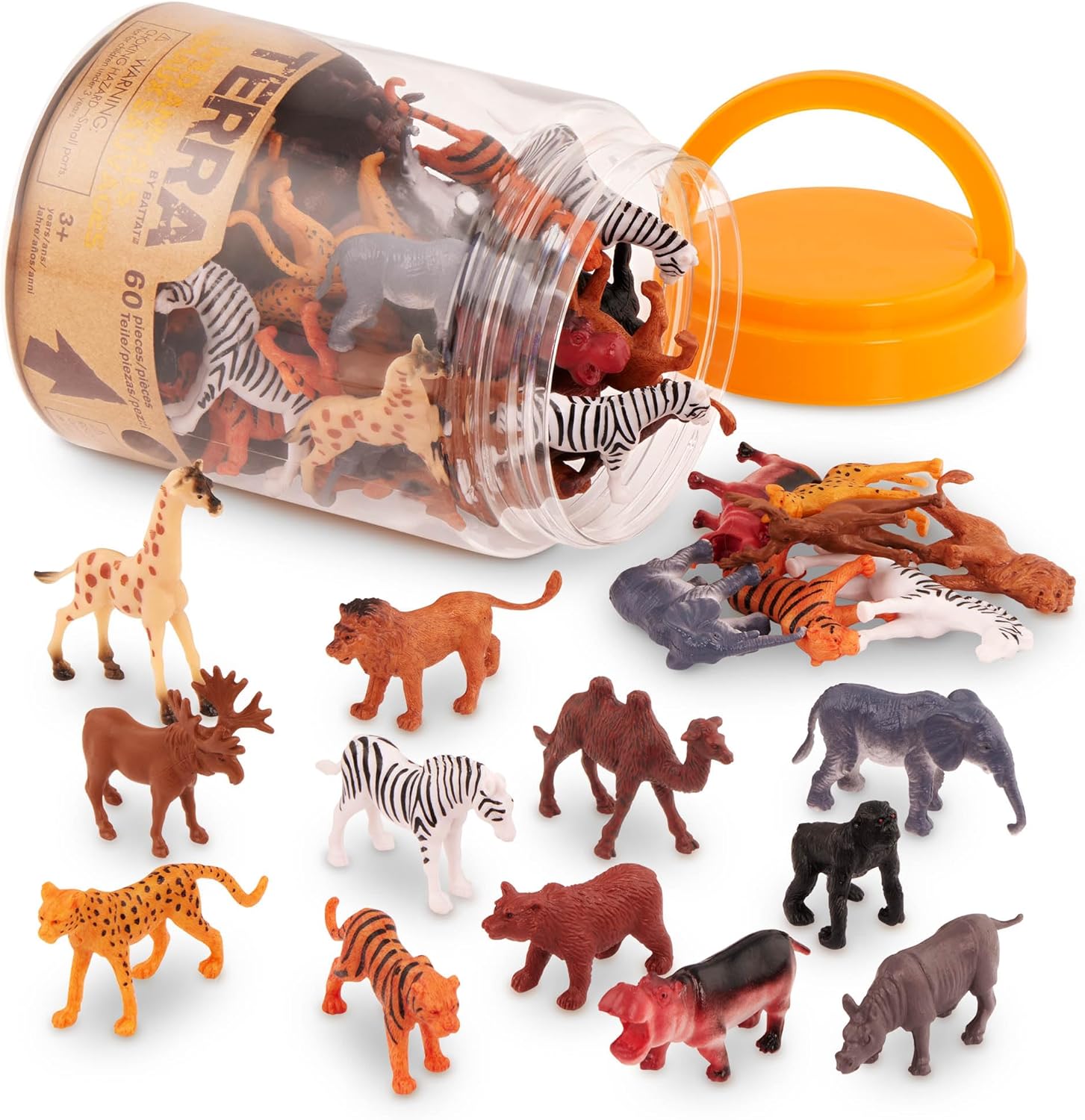 VenovaLabs Wild Animal Figurines Tube, 60 Mini Safari Figures, Animals | 60 realistic mini wild animal figures in a portable tube for pretend play, crafts, dioramas, sensory bins, Animals, 3+ Years